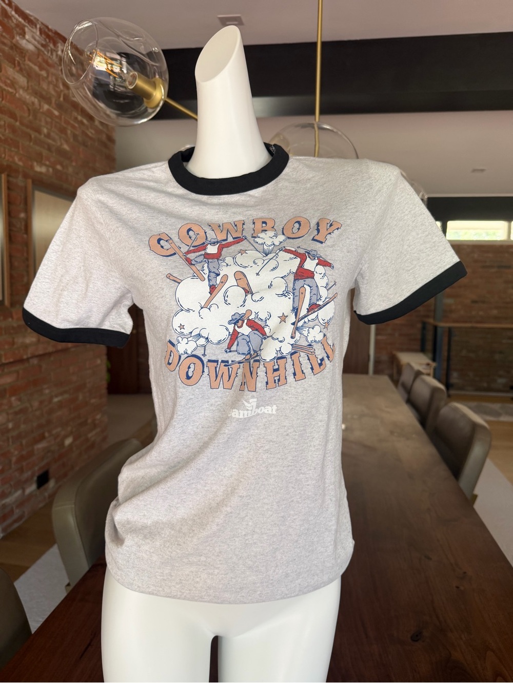 Steamboat Cowboy Downhill Graphic Ringer Tee - Heather Gray with Black Trim